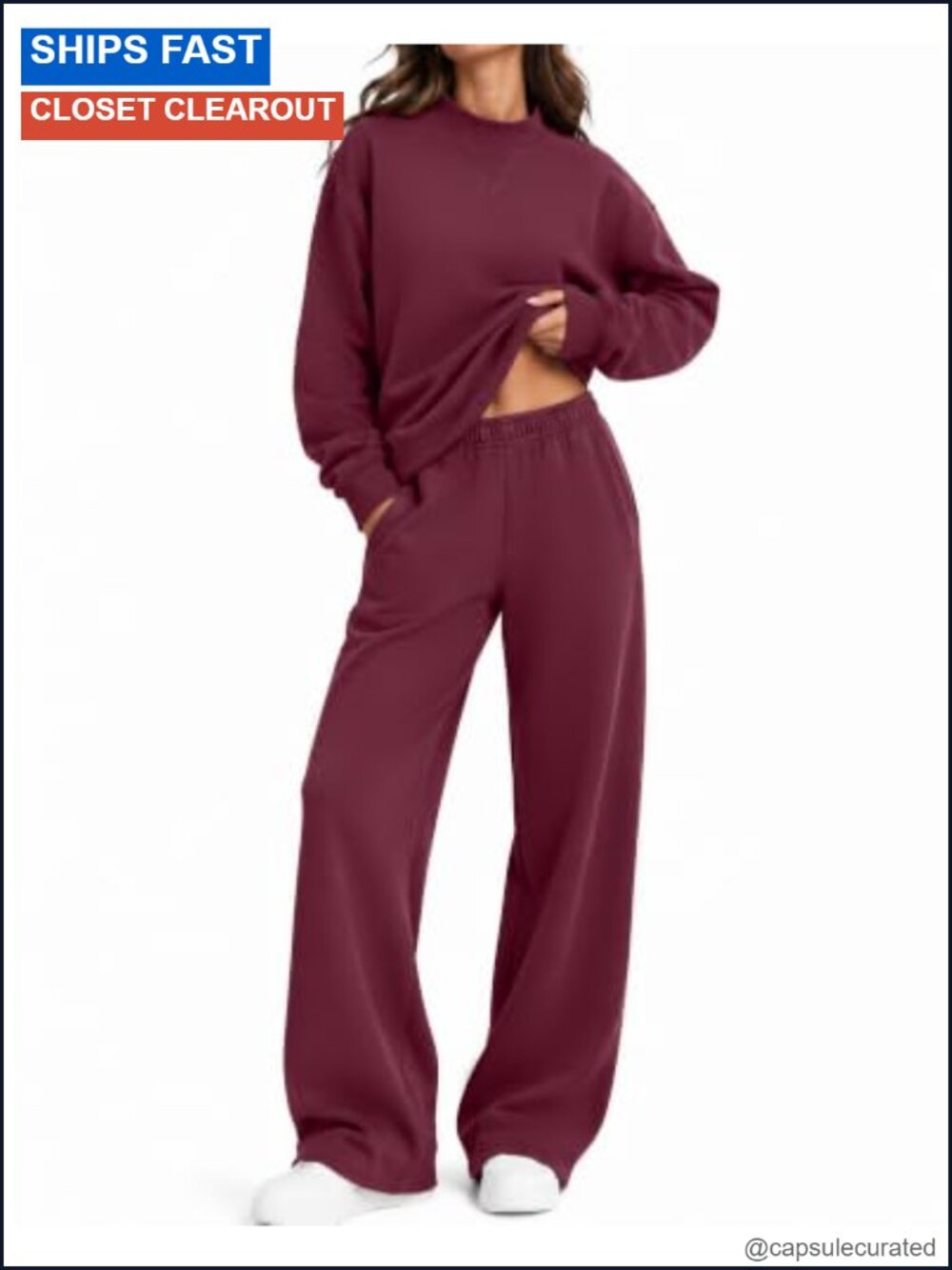 Cotton 2 Piece Mock Neck Sweatshirt Wide Leg Pants Set